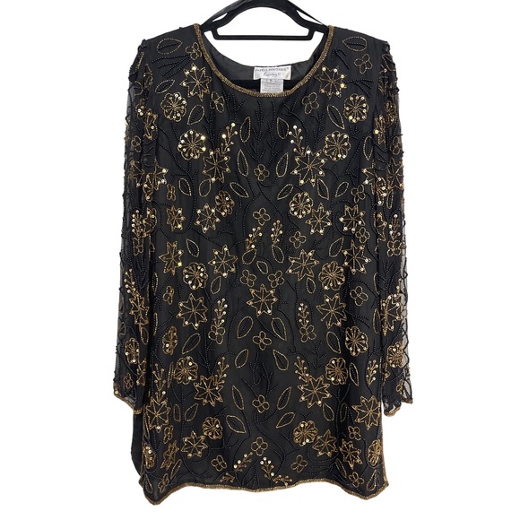 Papell Boutique Tops - VTG Papell Boutique Evening Beaded Sequin Silk Party Cocktail Top Tunic  Holiday